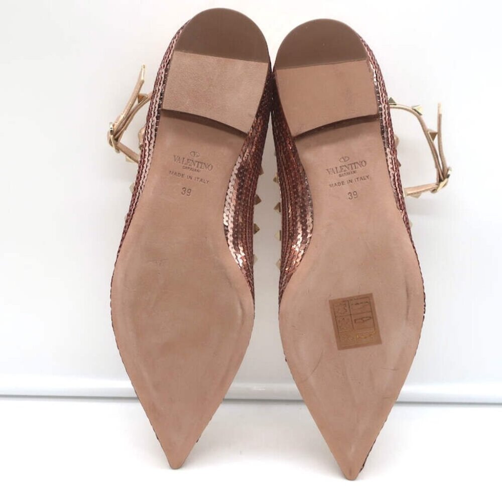 Valentino Sequin Rockstud Caged Ballet Flats Metallic Rose Gold Size 39 NEW - Picture 10 of 11